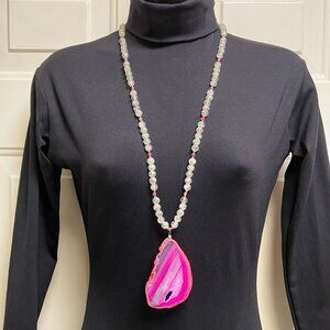 Agate Necklace Pink Raw Edge Gemstone Slice 3.5 inch + 32 in beaded necklace